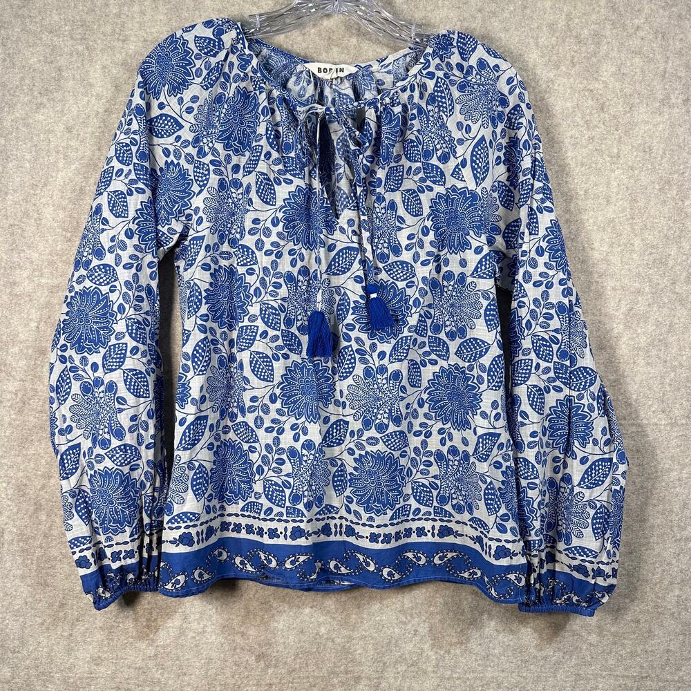 Boden Blue White Floral Long Sleeve Peasant Blouse Boho Tassel Tie Neck - US 6